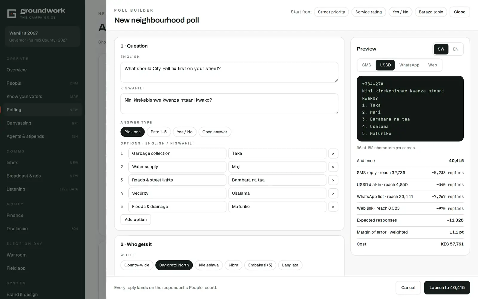 Poll builder with question, audience, channels, reward and a USSD preview