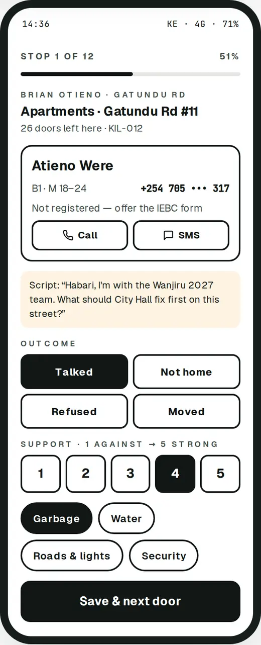 Field app on a phone: agent's walk list stop with household, script and outcome buttons